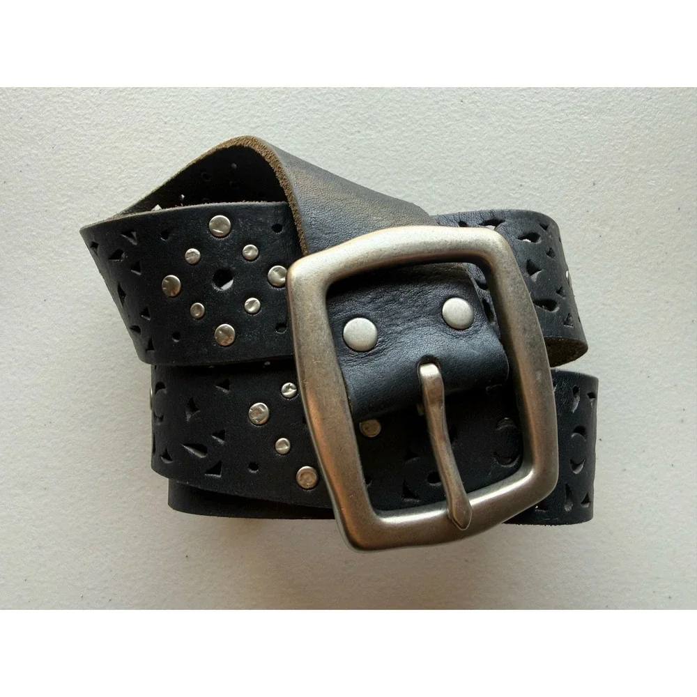 Lucky Brand Leather Hip Belt M 34 Black Studded Cutout Wide Western Boho